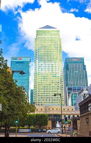 Cabot Square is one of the central squares of the Canary Wharf Development in London`s Docklands.Canary Wharf is one of main financial centres,2016 Stock Photo